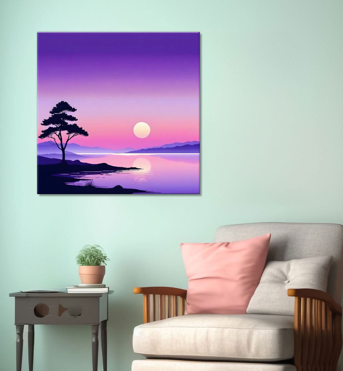 Mountains with sunset in purple textured painting Canvas Painting 24X24- Nature Art -S-53