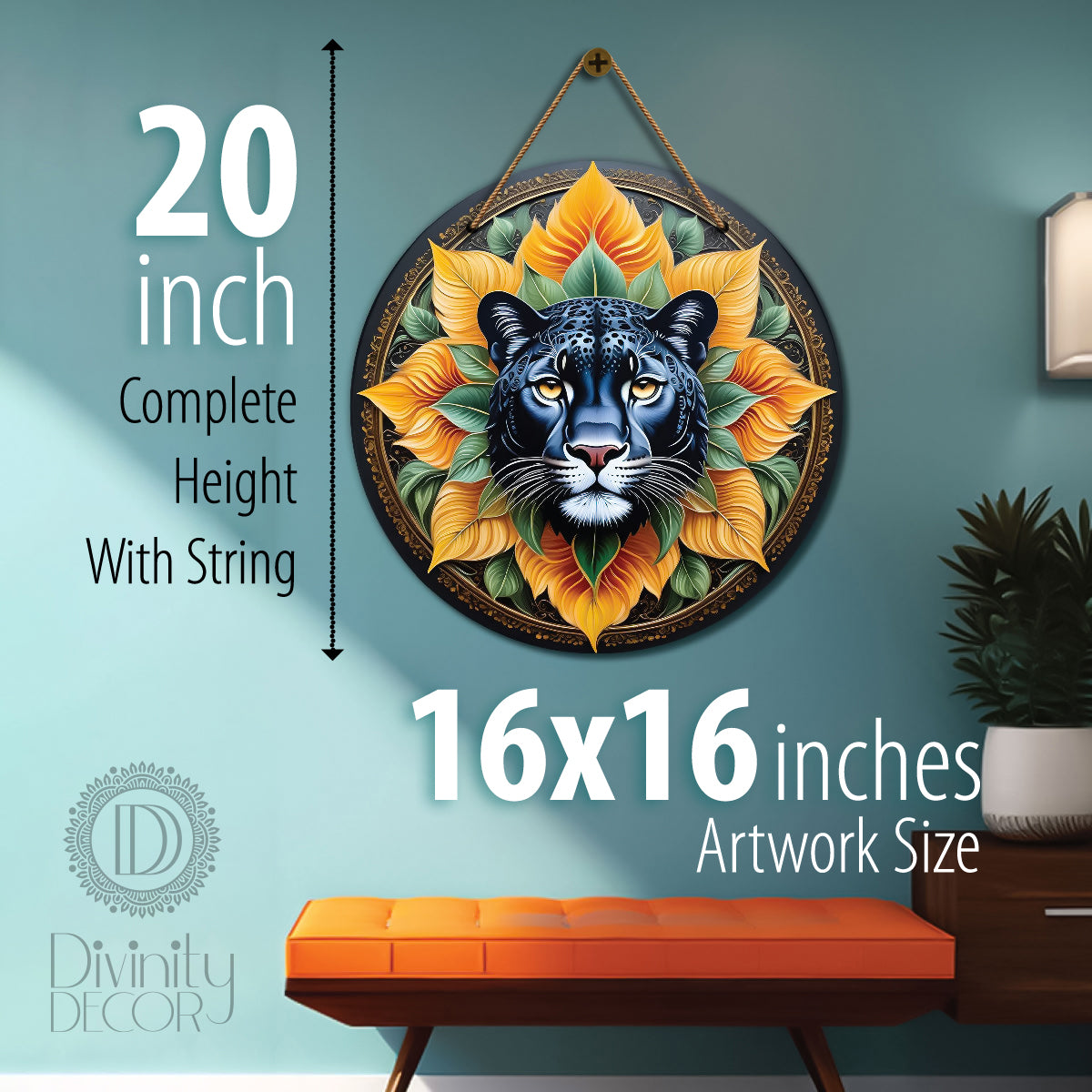 Panther in yellow and black mandala Round Wooden Wall Hanging for wall Décor - Design - 53
