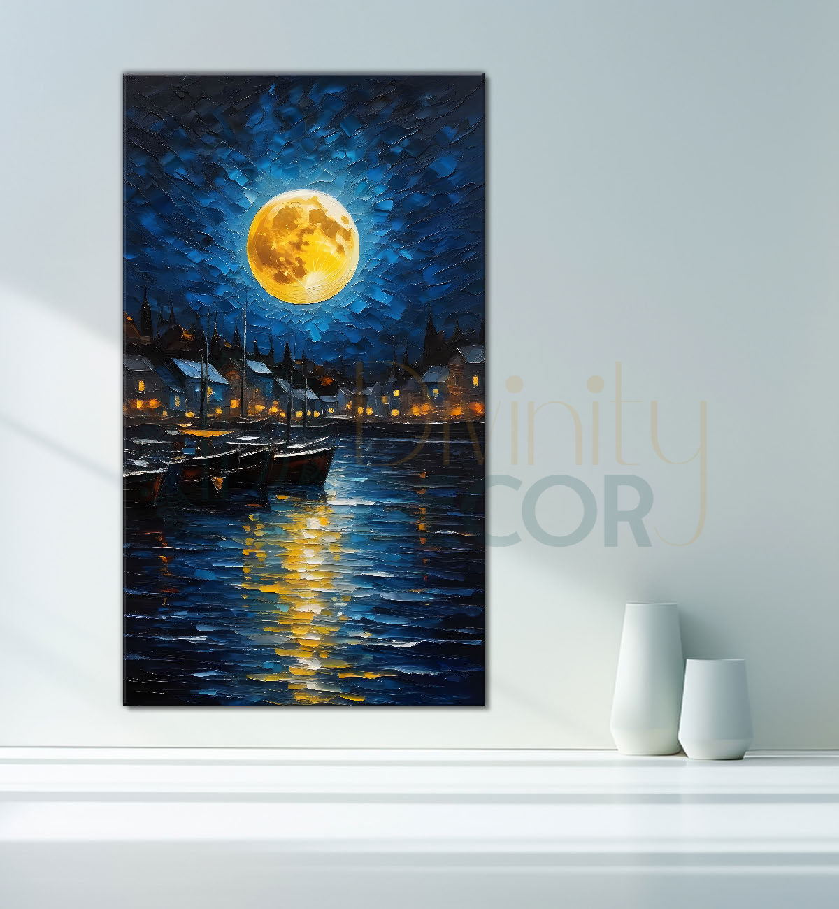 Boats on river with  houses and night background with moon textured painting Canvas Painting - Nature Art -V-53