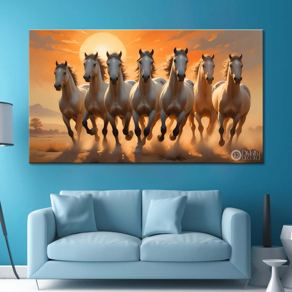 White running horses in sunset textured background art Canvas Painting - Design - Horse-54