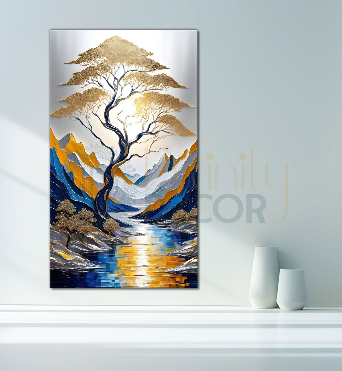 Blue mountains with golden trees textured natural art Canvas Painting - Nature Art -V-54