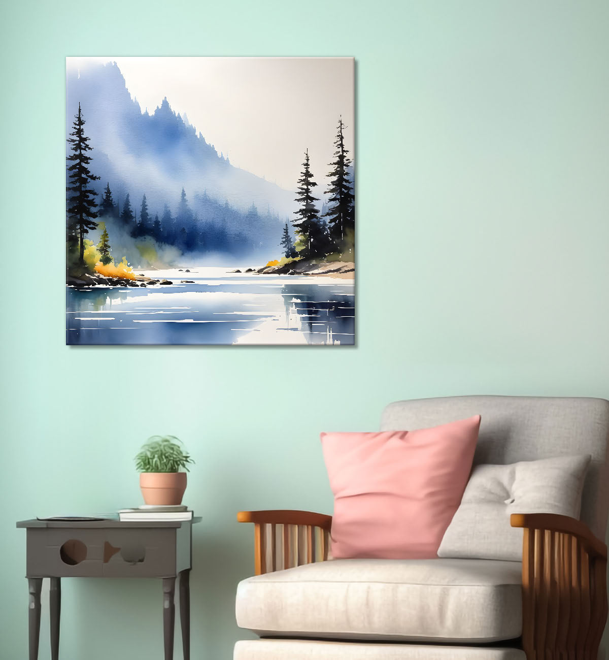 Mountains with trees and river with clouds water colour painting Canvas Painting 24X24- Nature Art -S-54