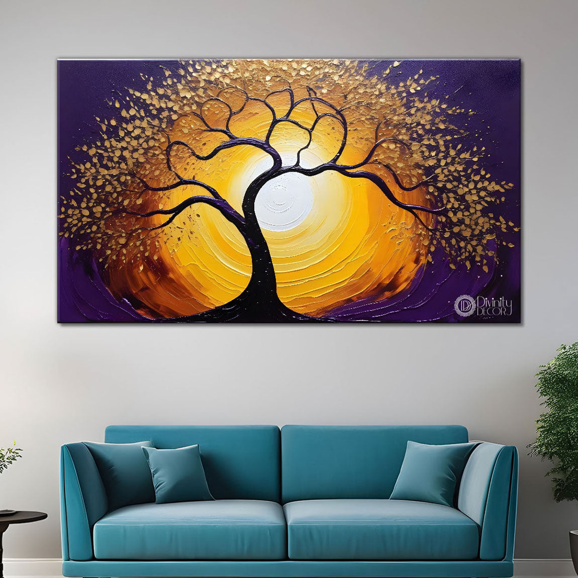 Golden tree in purple textured modern art Canvas Painting - Design - Tree-54