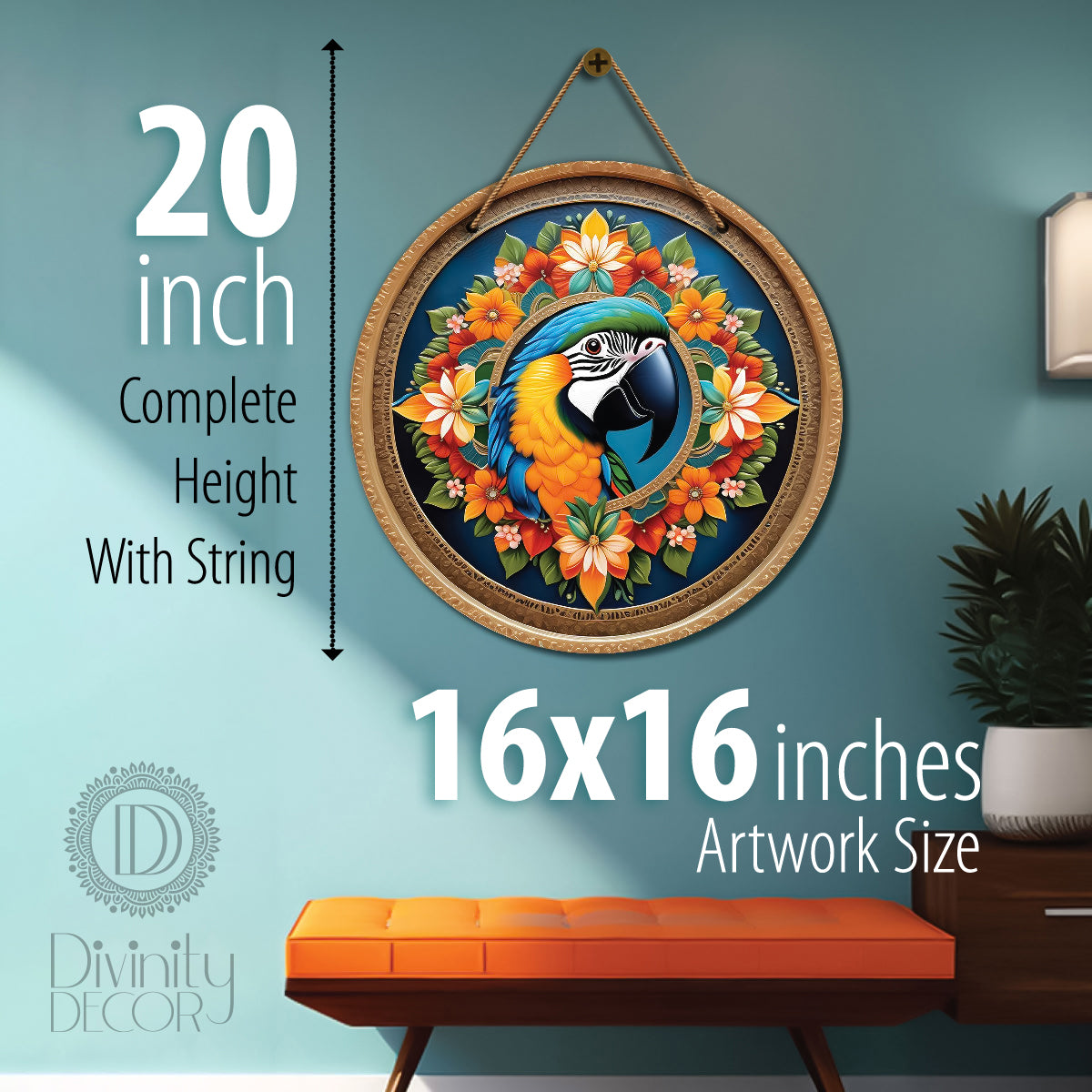 Parrot in floral and blue mandala Round Wooden Wall Hanging for wall Décor - Design - 54