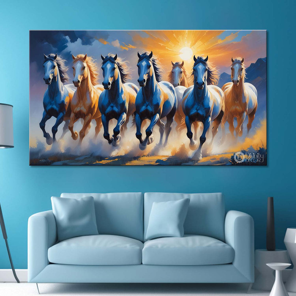 Brown and blue running horses in sunrise and blue textured background art Canvas Painting - Design - Horse-55