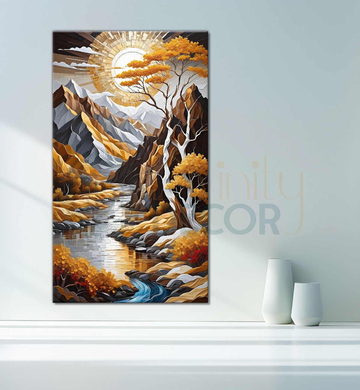 Mountians with lake , trees and moon in golden and white textured painting Canvas Painting - Nature Art -V-55