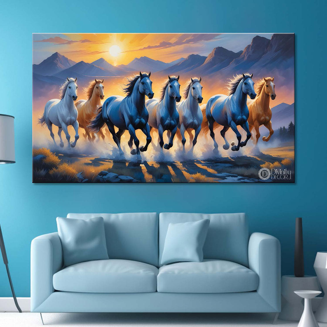 Brown and blue running horses with mountains and sunrise in blue textured background art Canvas Painting - Design - Horse-56