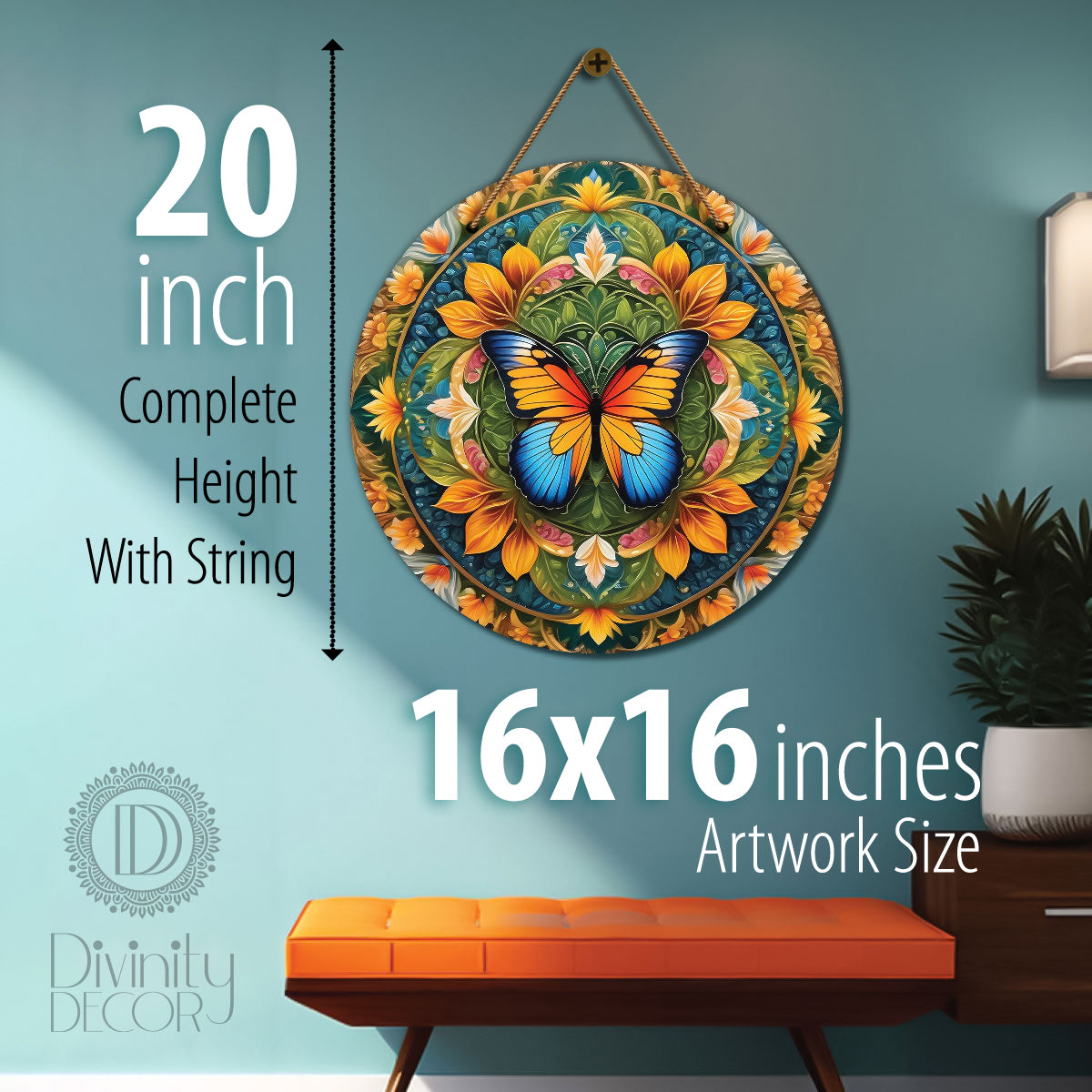 Colourful butterfly in green mandala Round Wooden Wall Hanging for wall Décor - Design - 56