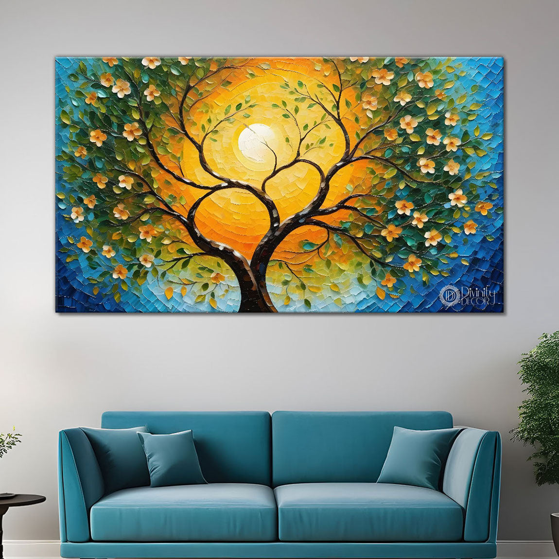 Orange flower tree in textured modern art Canvas Painting - Design - Tree-56
