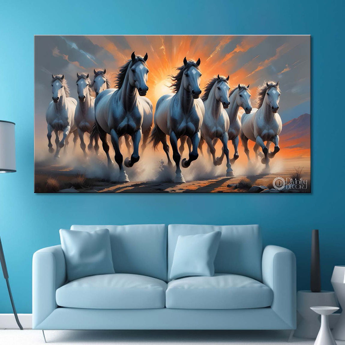 Grey running horses with sunrise textured background art Canvas Painting - Design - Horse-57