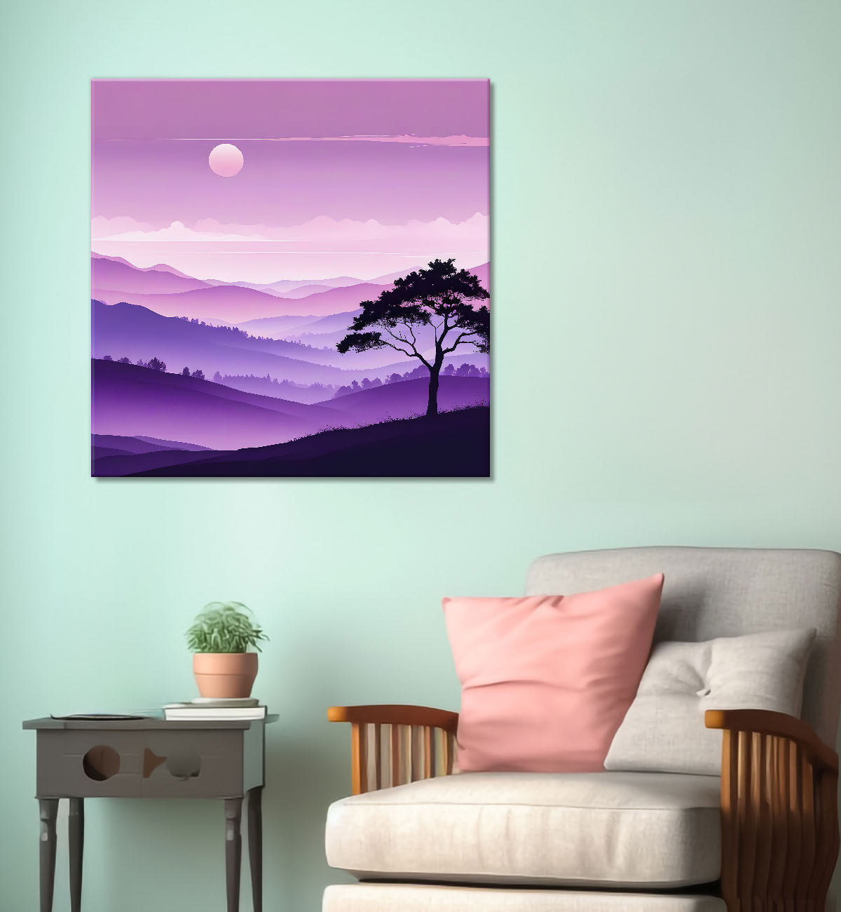 Mountains with tree and moon painting Canvas Painting 24X24- Nature Art -S-57