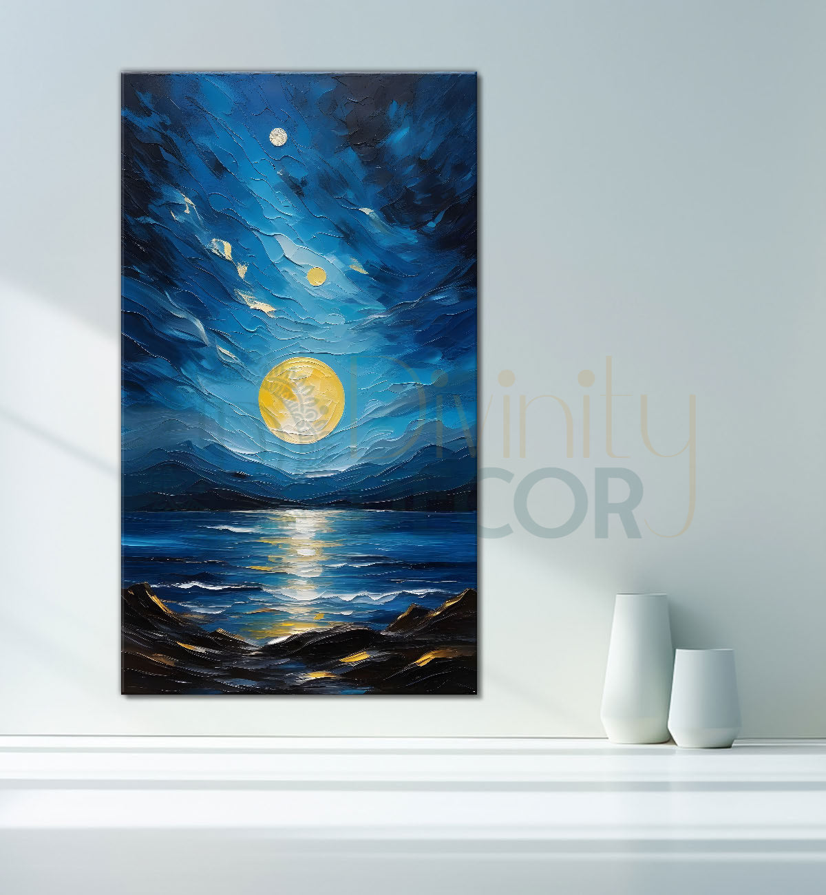 River in mountians in night background with moon textured painting Canvas Painting - Nature Art -V-57