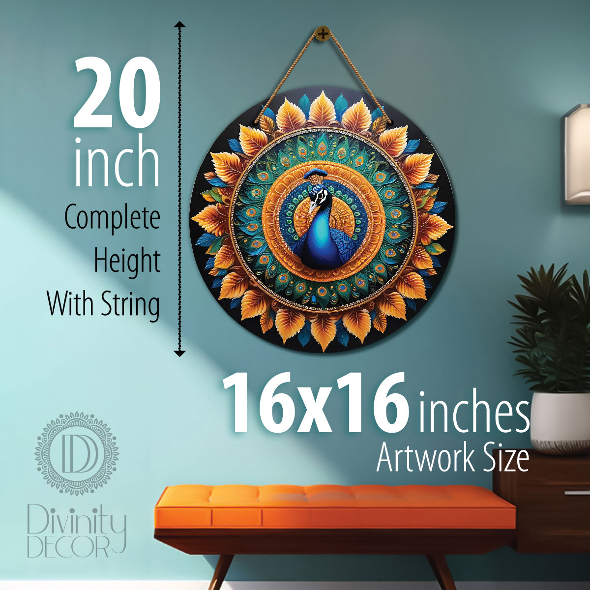 Peacock in orange and green mandala Round Wooden Wall Hanging for wall Décor - Design - 57