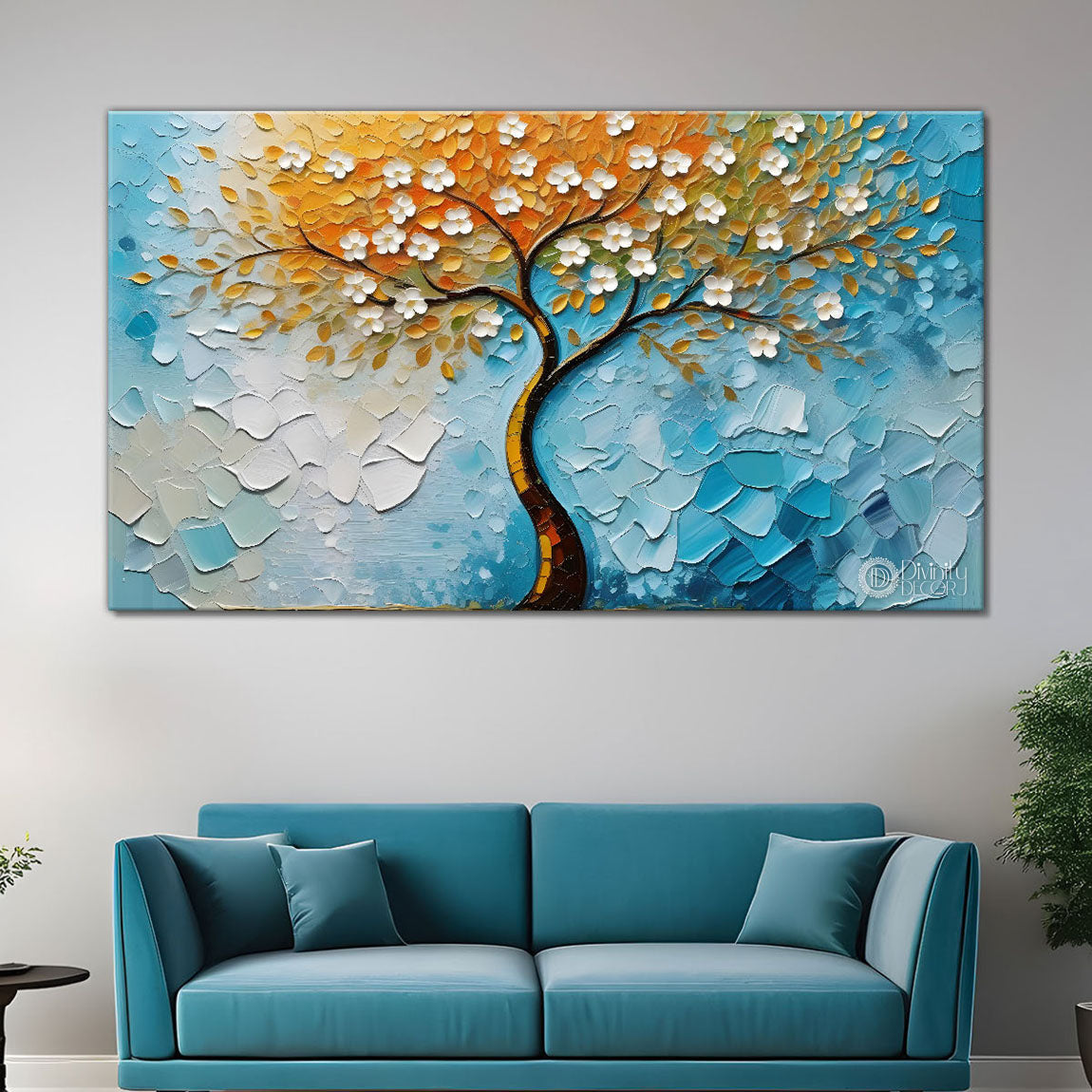 White flower tree in textured background oil painting Canvas Painting - Design - Tree-57