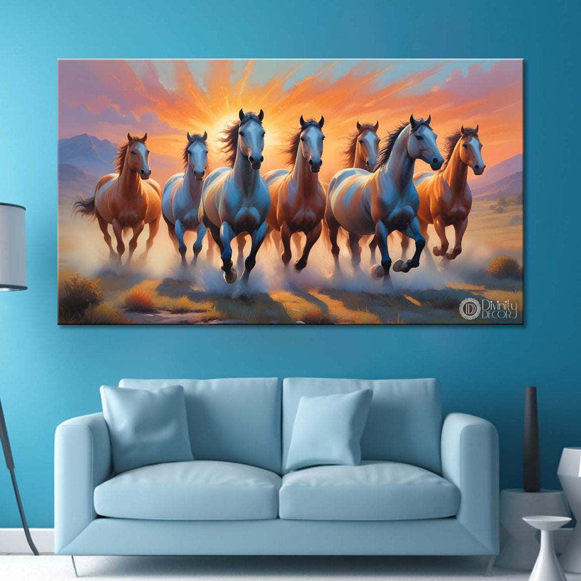 Brown running horses with sunrise textured background art Canvas Painting - Design - Horse-58