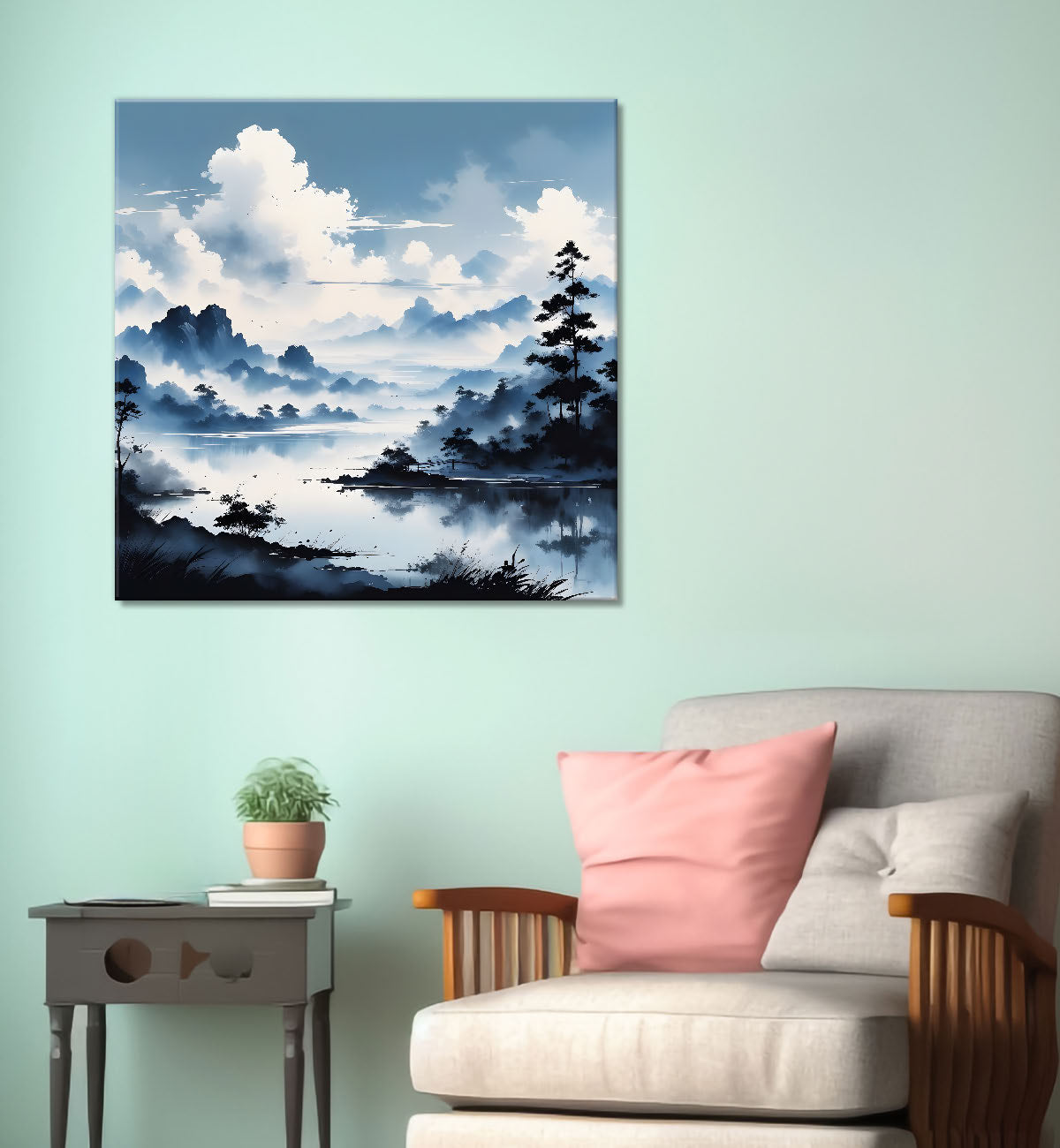 Mountains with trees and river with clouds water colour painting Canvas Painting 24X24- Nature Art -S-58