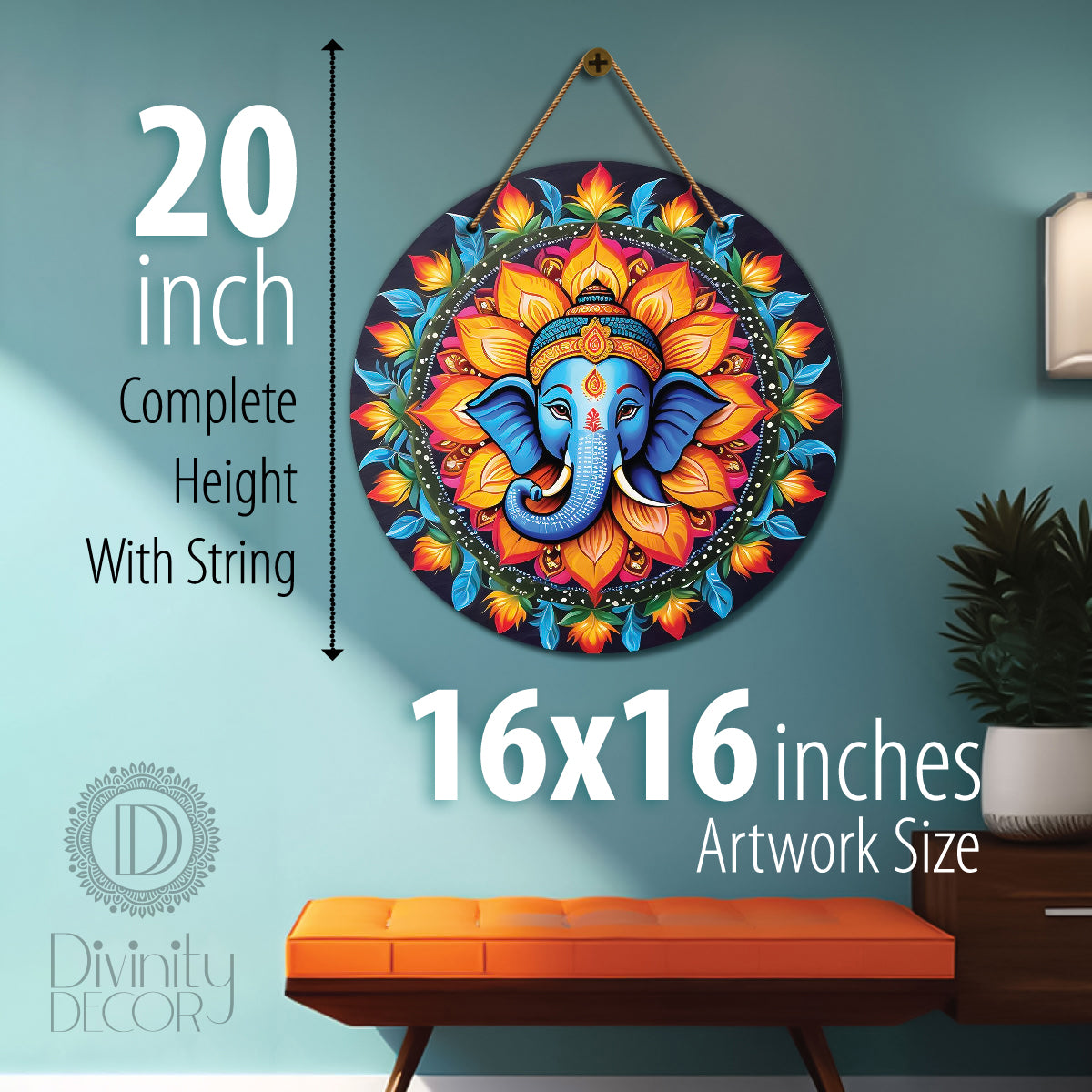 Ganesh Ji in orange and green mandala Round Wooden Wall Hanging for wall Décor - Design - 58