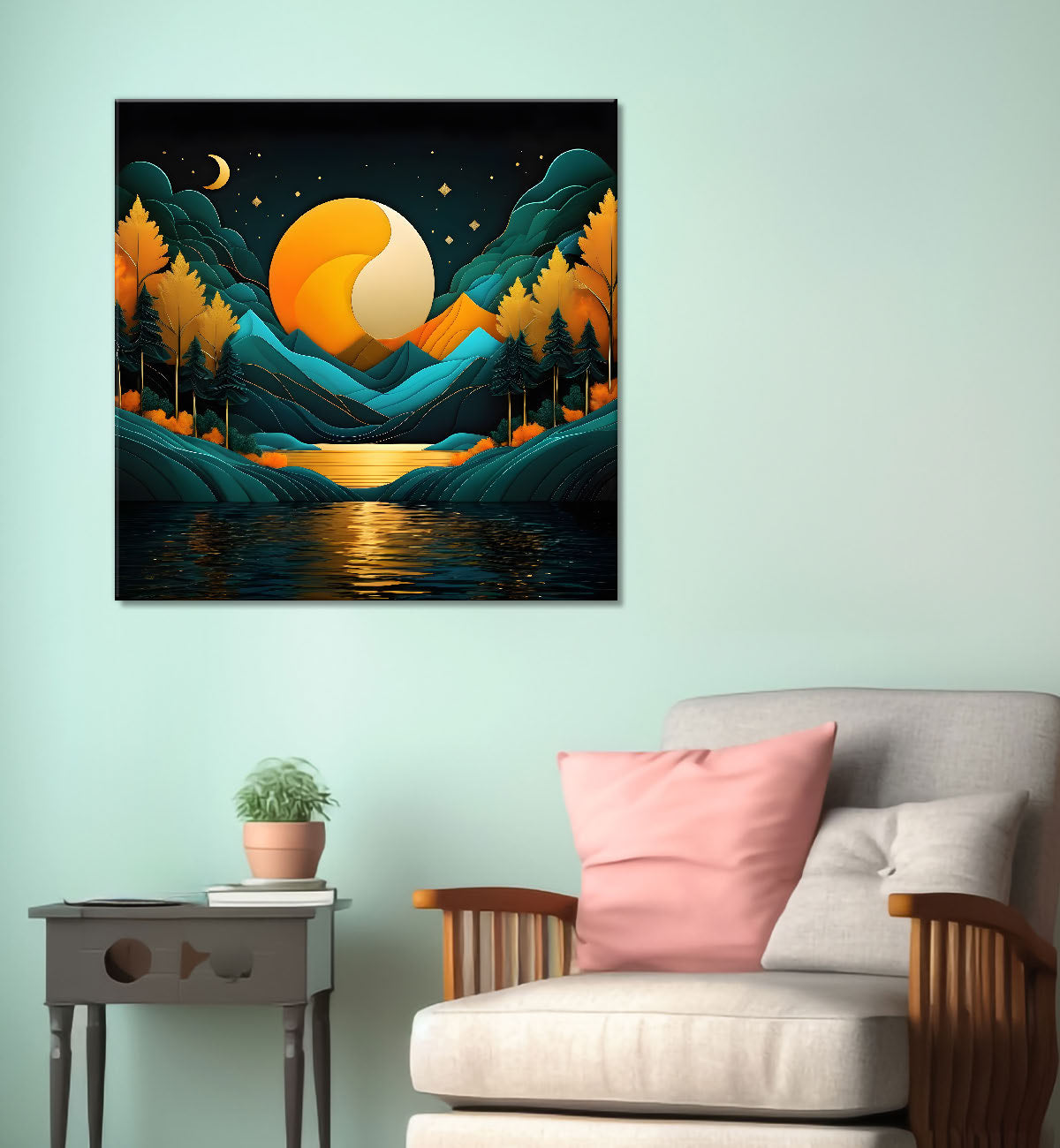 Green mountains with moon and trees painting Canvas Painting 24X24- Nature Art -S-59