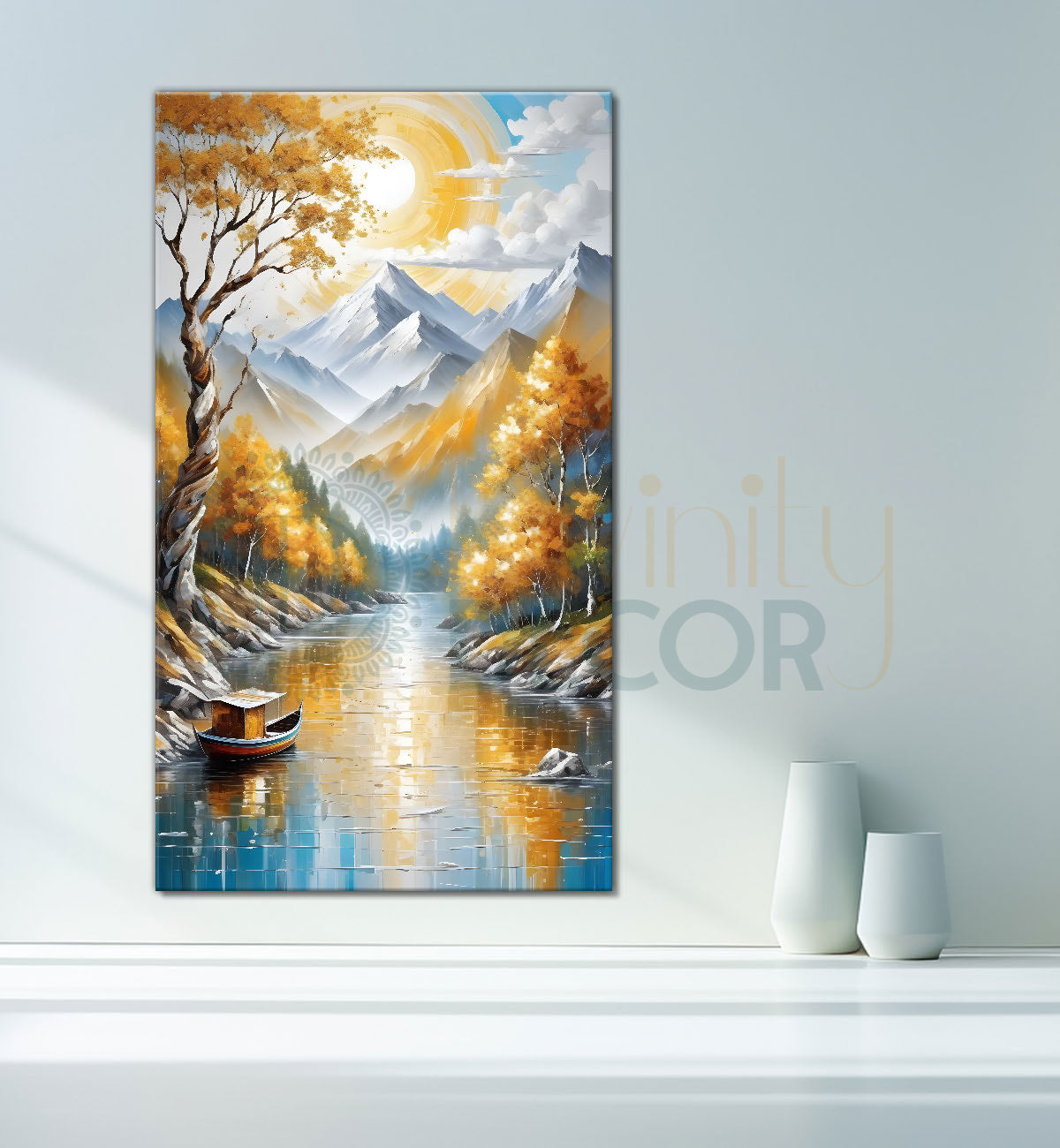 Golden trees with lake and white mountains textured painting Canvas Painting - Nature Art -V-59