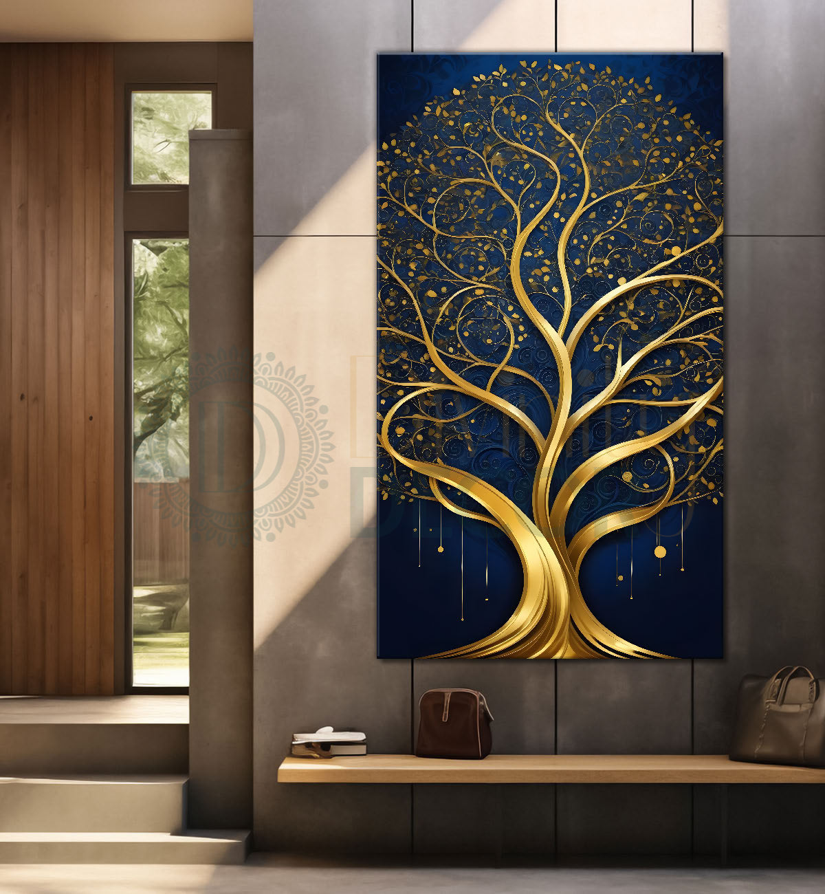 Golden tree in dark blue texutred background modern art Canvas painting - Tree-V-5