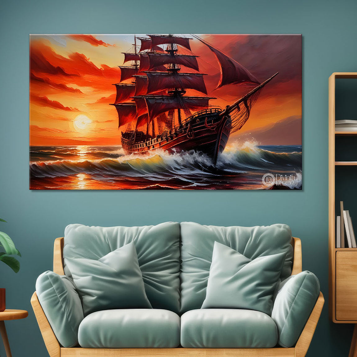 Ship with sunrise background in textured modern art canvas painting - Design - River-6