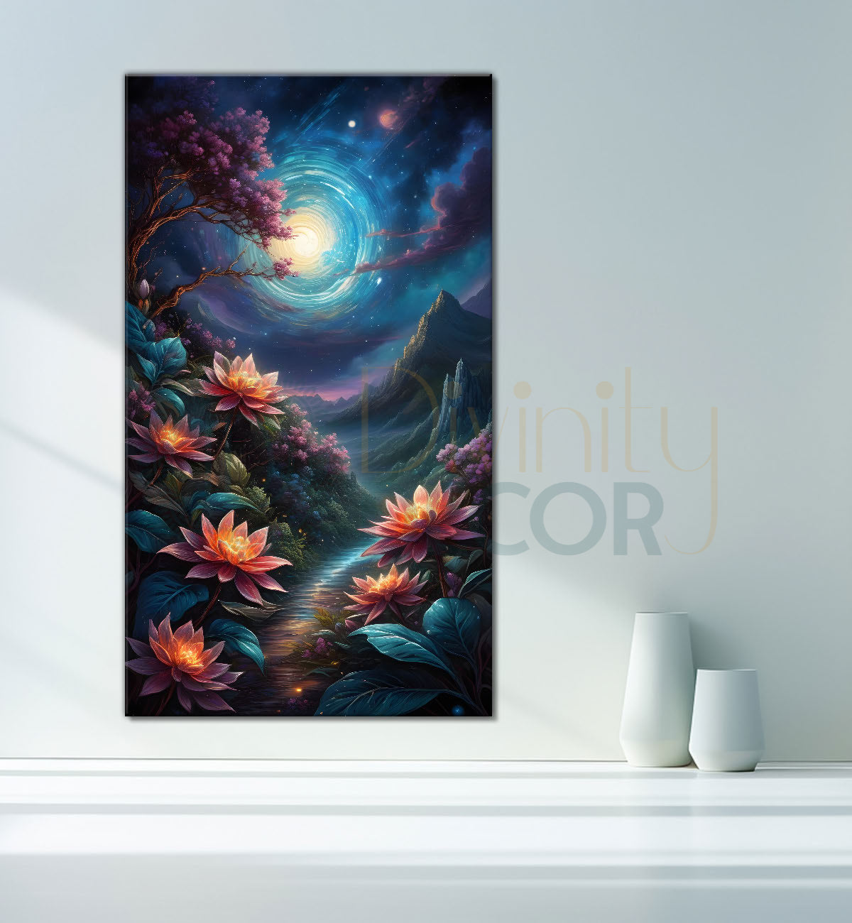 Beautiful flowers with mountians in night with moon textured painting Canvas Painting - Nature Art -V-60