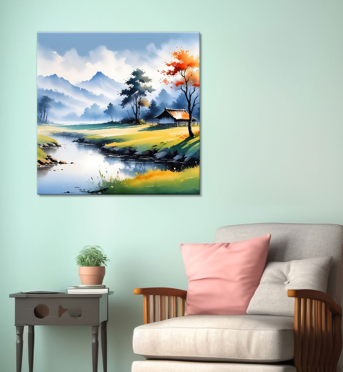 Mountains with trees and river painting Canvas Painting 24X24- Nature Art -S-60
