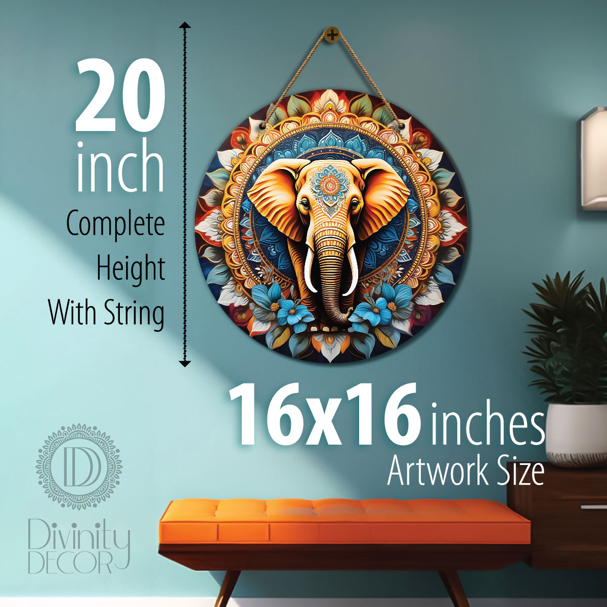 Elephant in floral and red mandala Round Wooden Wall Hanging for wall Décor - Design - 60