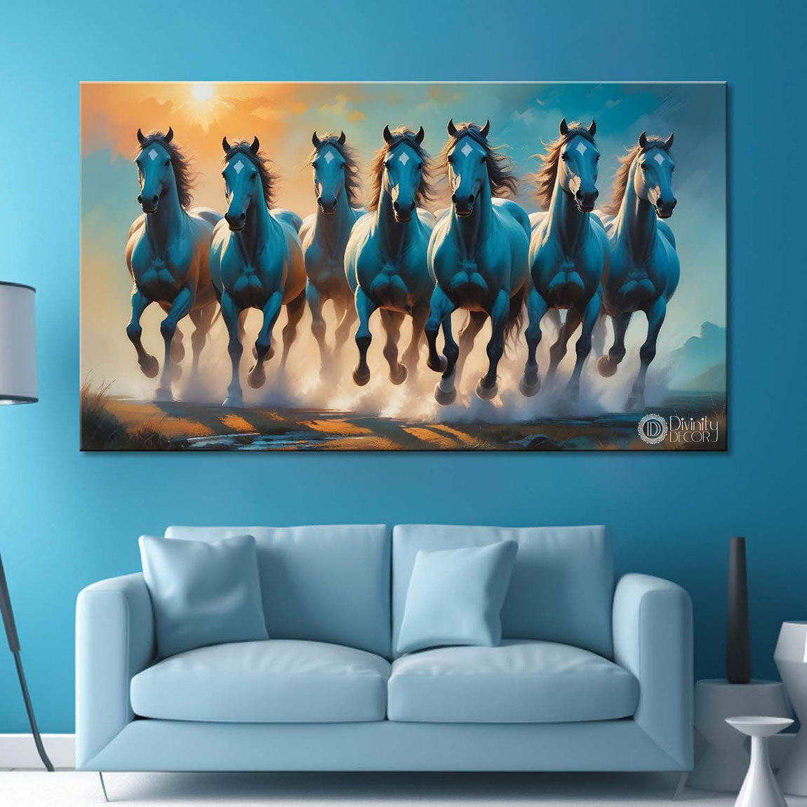Grey running horses with sunrise and aqua blue textured background art Canvas Painting - Design - Horse-61