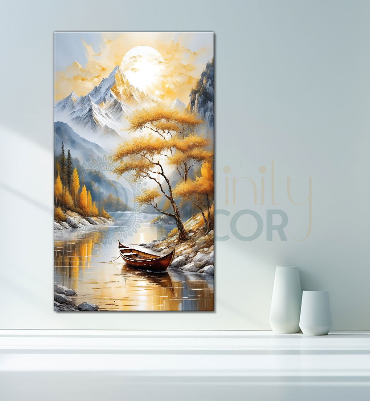 Golden trees with lake and white mountains textured painting Canvas Painting - Nature Art -V-61