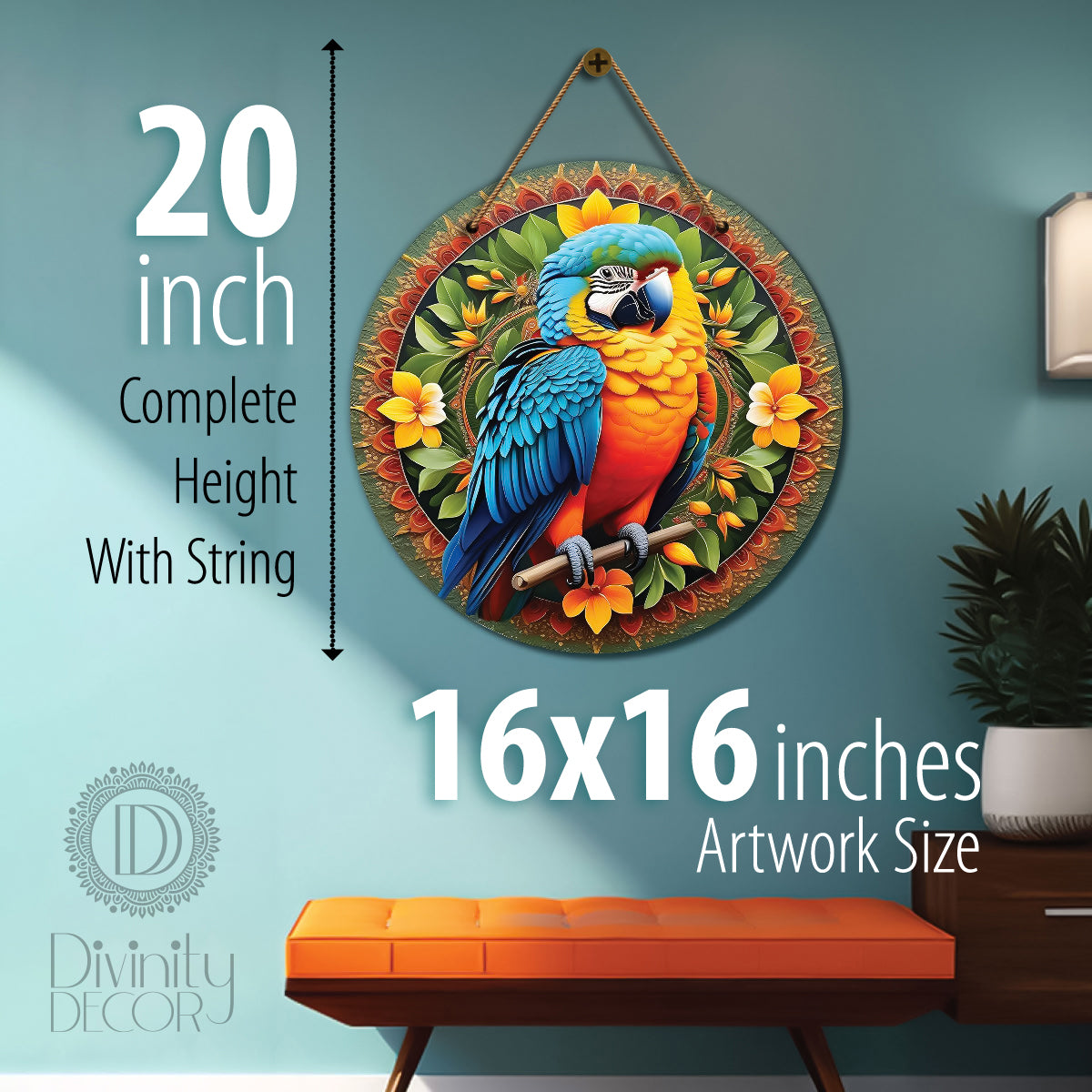 Parrot in green and yellow mandala Round Wooden Wall Hanging for wall Décor - Design - 61