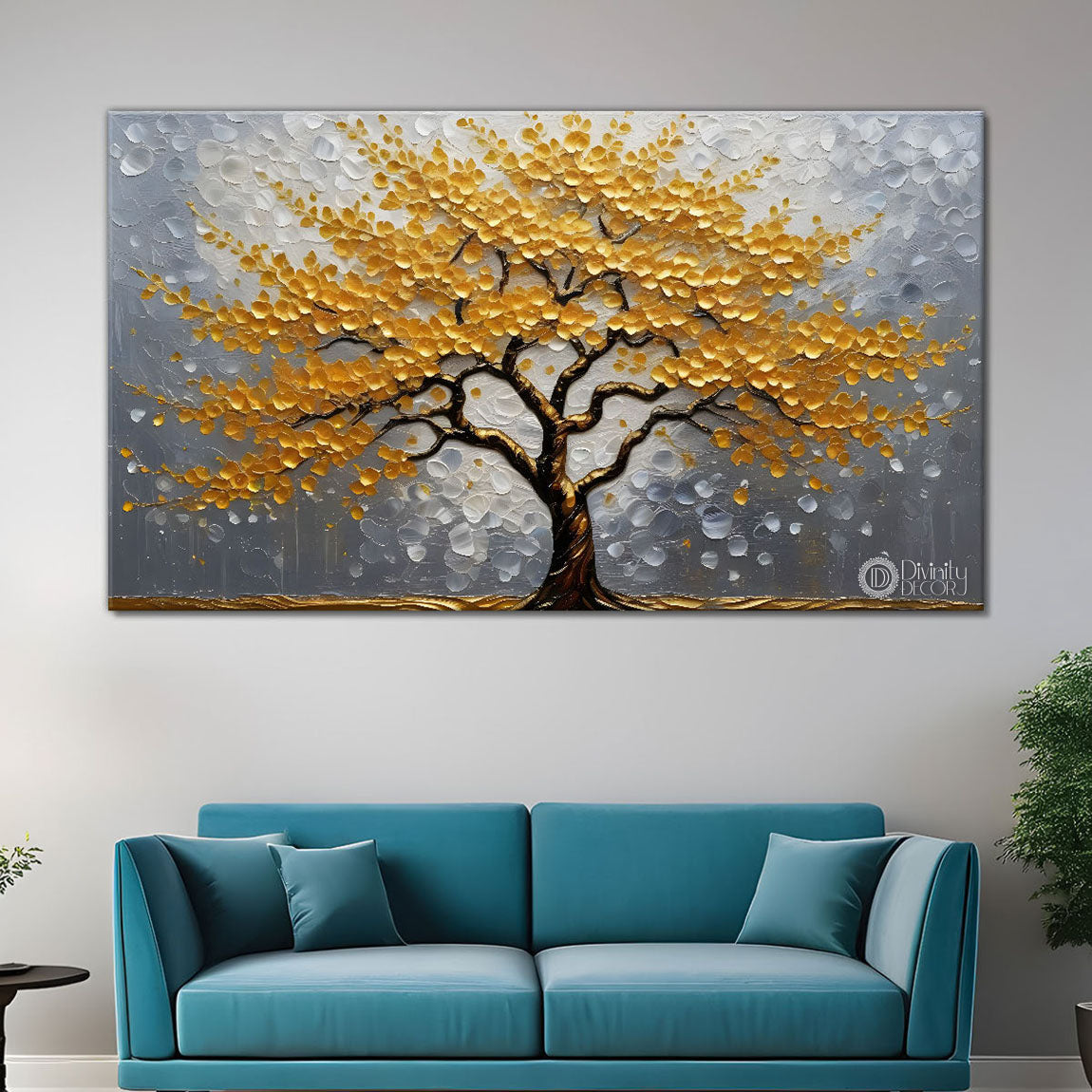 Golden tree in grey textured modern art Canvas Painting - Design - Tree-61