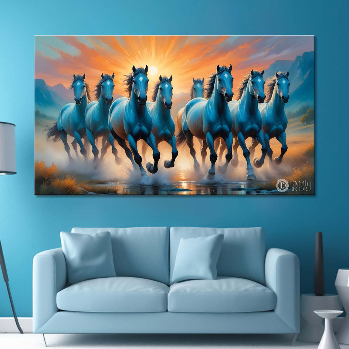 Grey running horses with sunrise and aqua blue textured background art Canvas Painting - Design - Horse-62