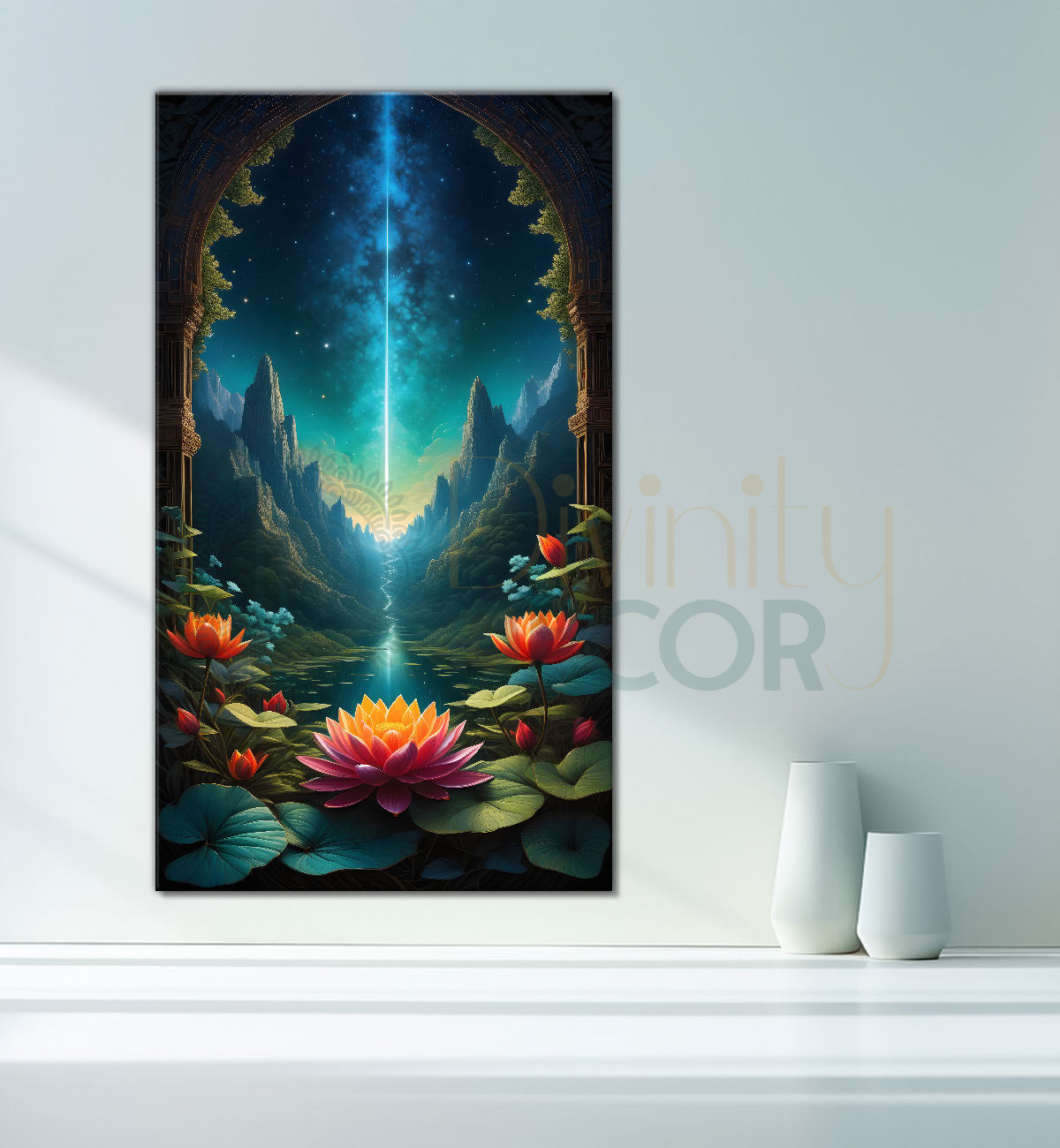 Mountains with flowers and lake in night backgroung textued painting Canvas Painting - Nature Art -V-62
