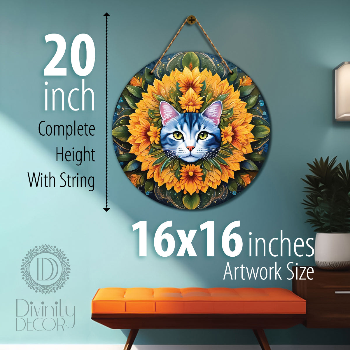 Cat in yellow and green mandala Round Wooden Wall Hanging for wall Décor - Design - 62