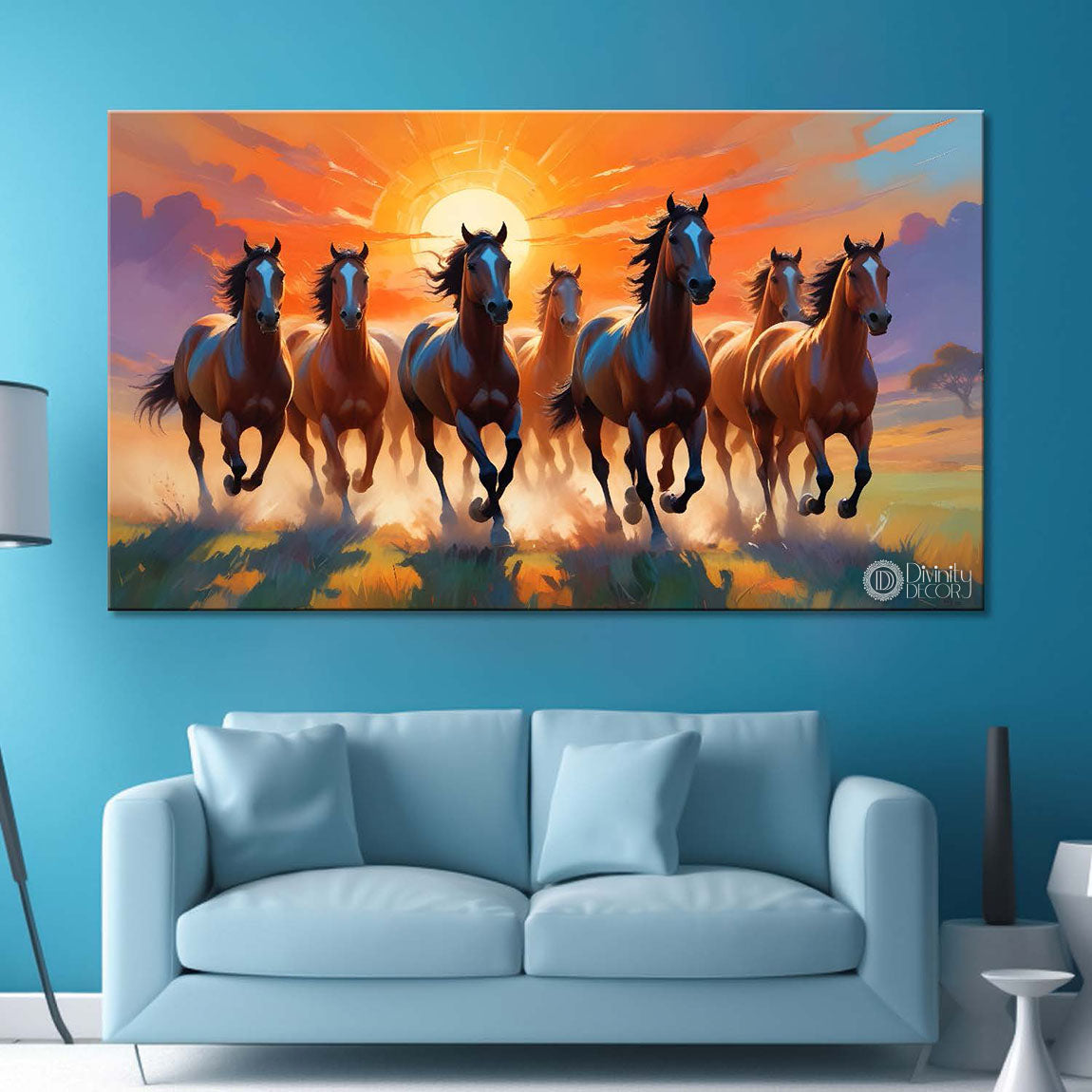 Brown running horses with sunrise textured background art Canvas Painting - Design - Horse-63
