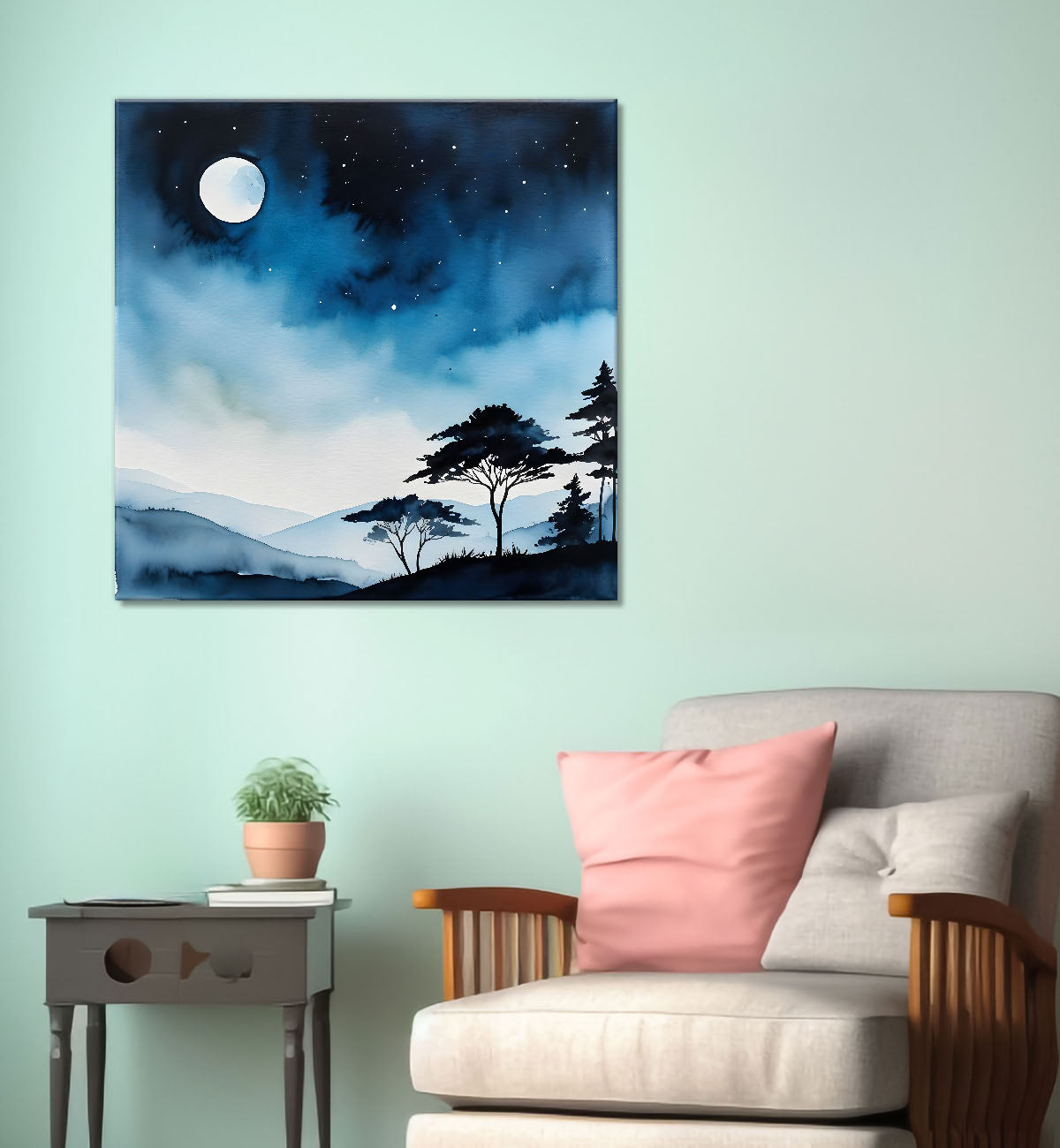 Mountains and tree with moon water colour art 24X24- Nature Art -S-63