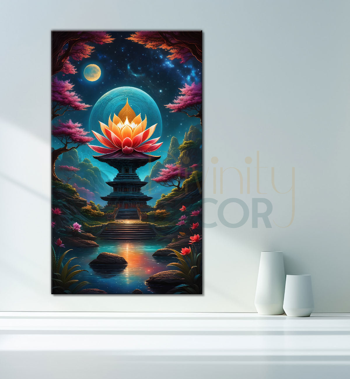 Lotus on temple with lake and colourful background textured painting Canvas Painting - Nature Art -V-63