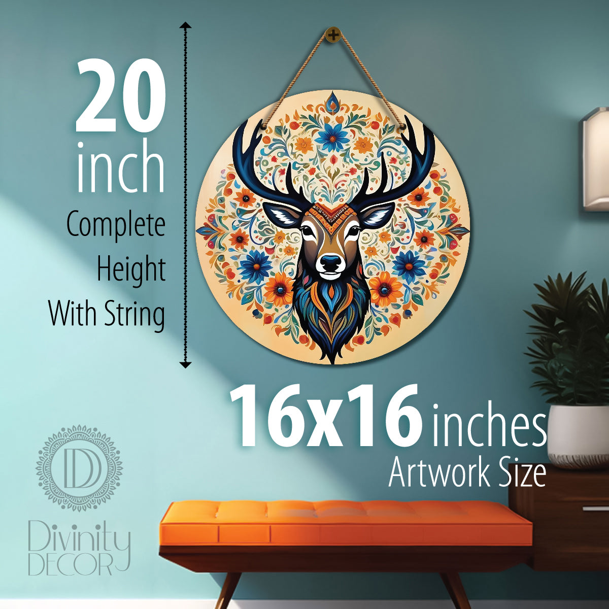 Deer in floral mandala Round Wooden Wall Hanging for wall Décor - Design - 63