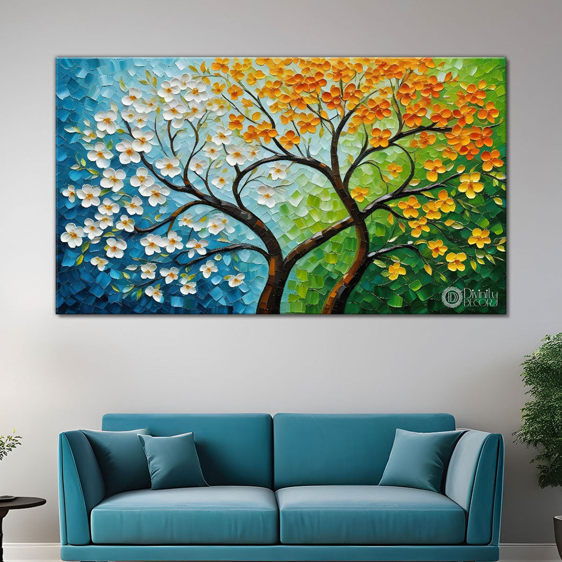 White flower tree in textured background oil painting Canvas Painting - Design - Tree-63