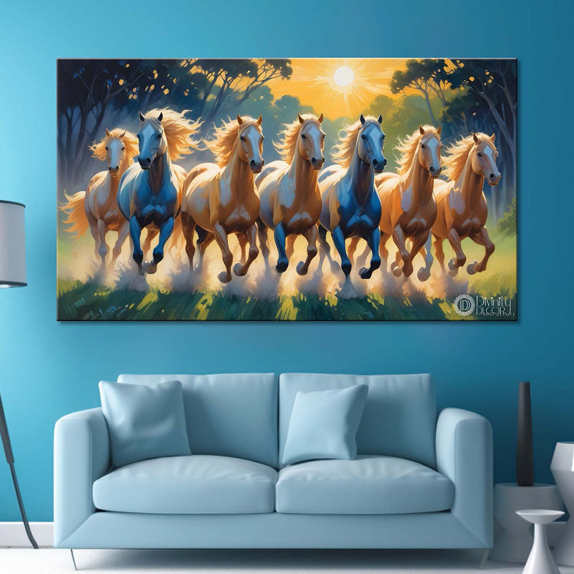 Brown running horses on the grass with trees and sun textured background art Canvas Painting - Design - Horse-64