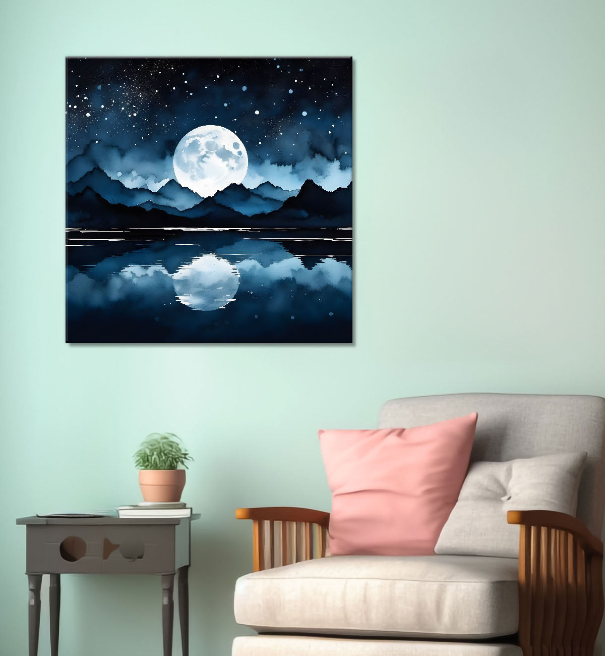 Mountains and moon and river painting 24X24- Nature Art -S-64