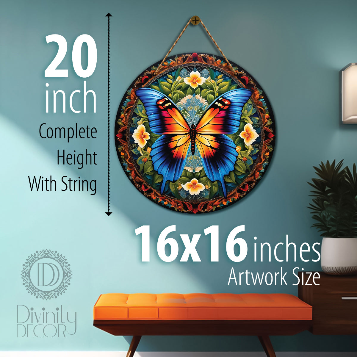 Orange butterfly in green and brown mandala Round Wooden Wall Hanging for wall Décor - Design - 64