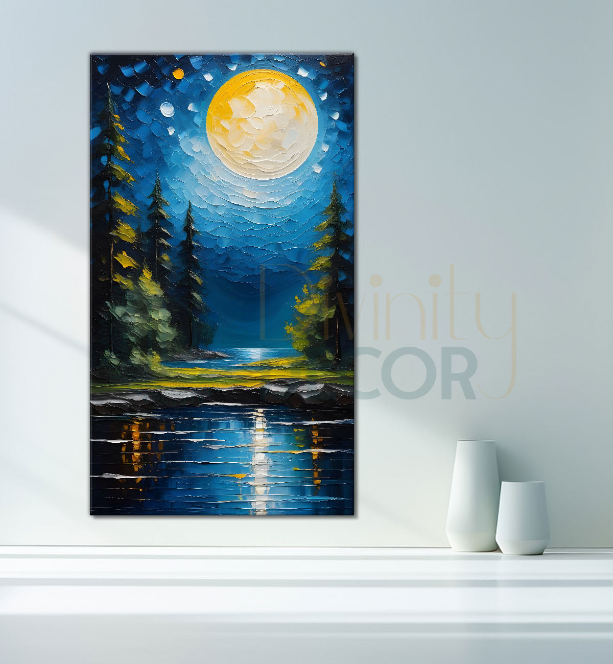 Trees with lake in night background textured oil painting Canvas Painting - Nature Art -V-64