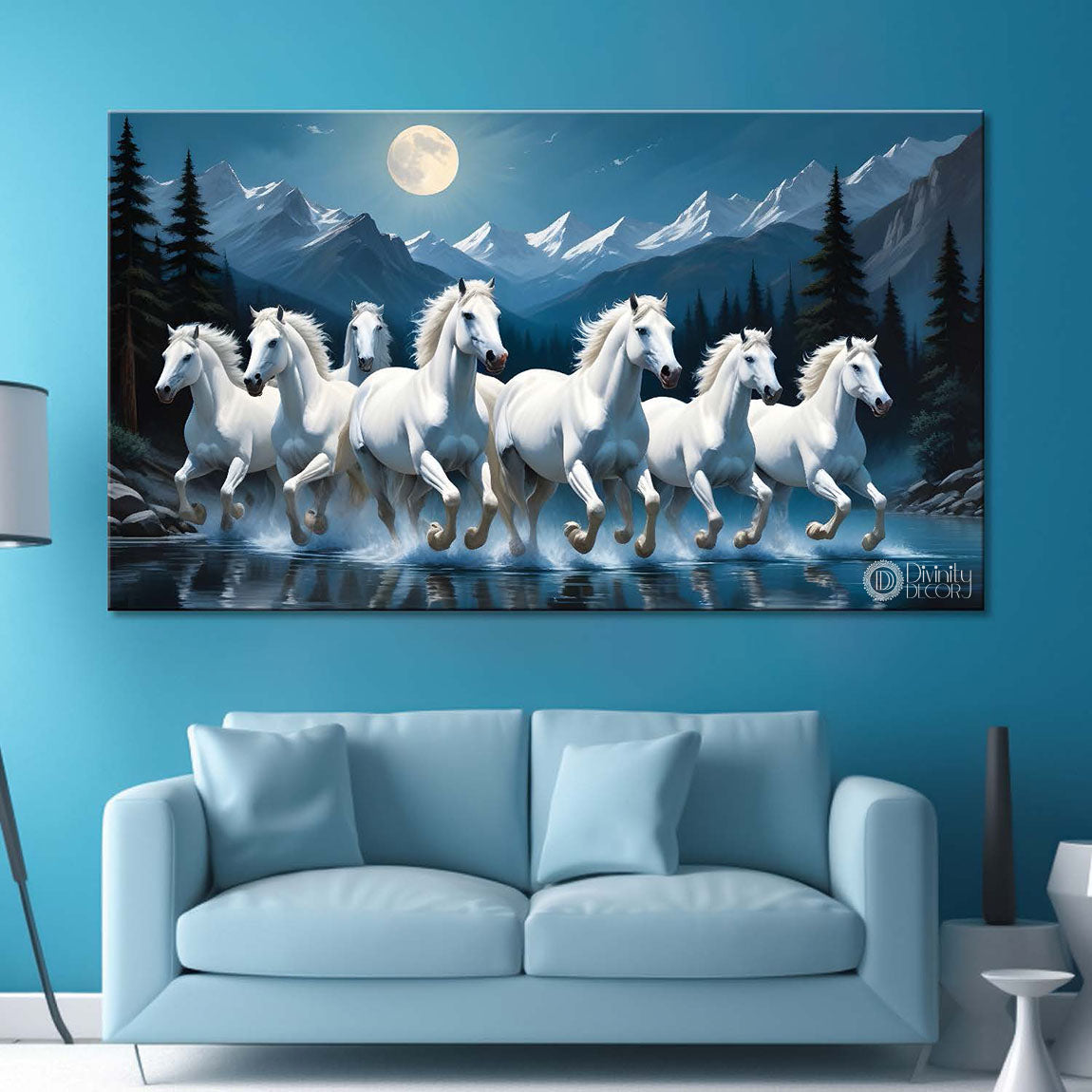 White running horses on the water with mountains and moon in blue textured background art Canvas Painting - Design - Horse-65