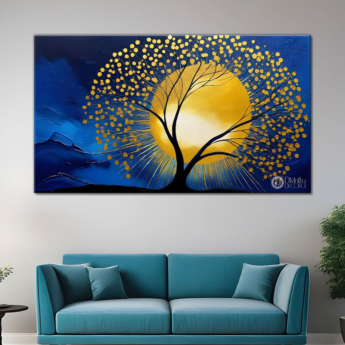 Golden tree in dark blue textured background modern art Canvas Painting - Design - Tree-65