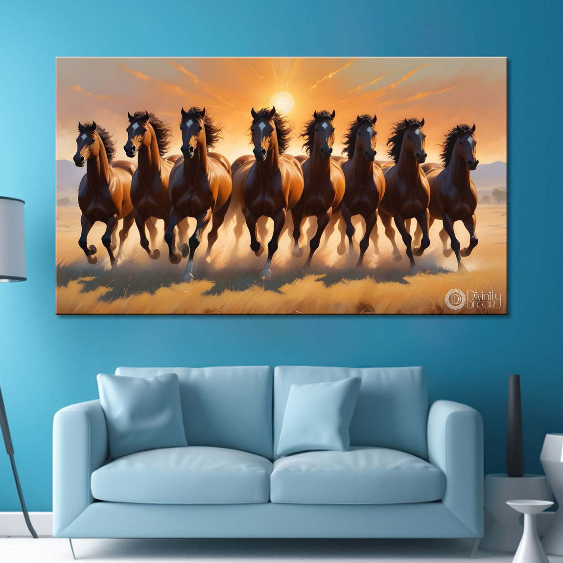 Brown running horses on the field with sunrise textured background art Canvas Painting - Design - Horse-66