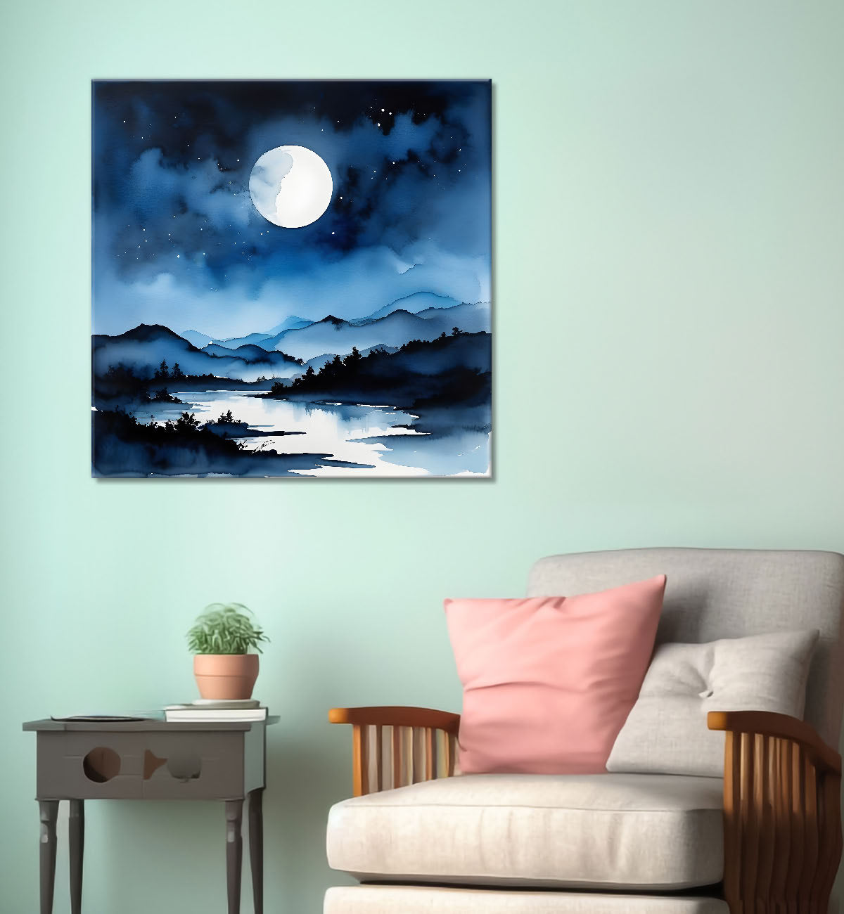 Mountains and moon and river painting 24X24- Nature Art -S-66