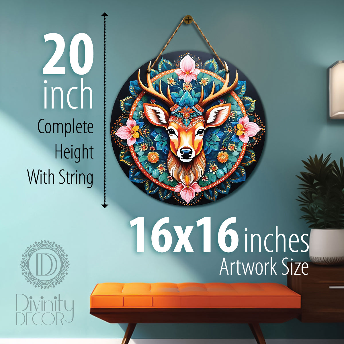 Deer in pink and green mandala Round Wooden Wall Hanging for wall Décor - Design - 66