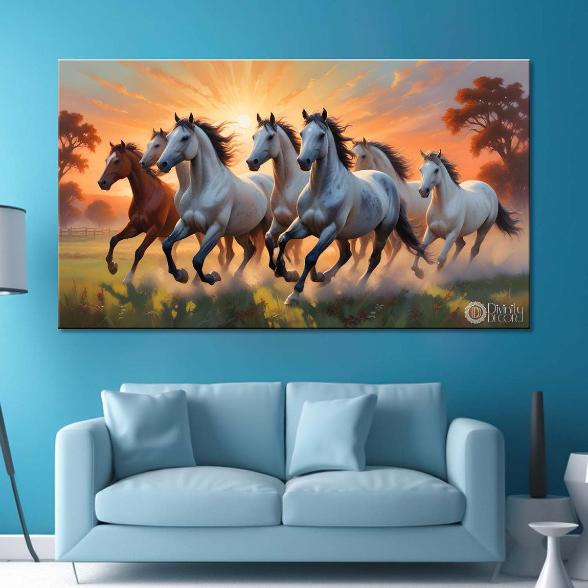 white and brown running horses on the grass with orange trees and sunrise textured background art Canvas Painting - Design - Horse-67